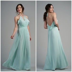 Poly Chiffon Long Bridesmaid Dress with Jewel Neckline
